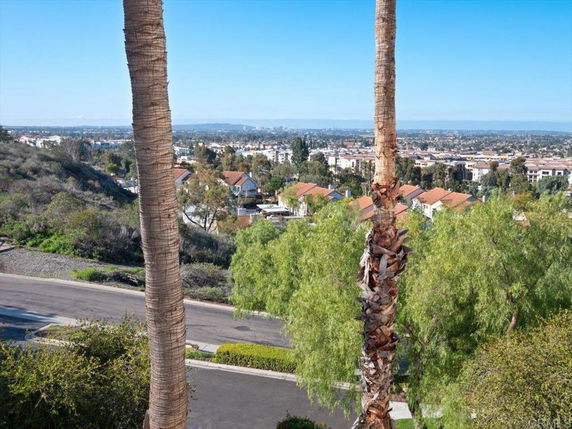 Panoramic view of a suburban area with houses and trees.