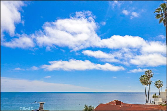 Wide view of the ocean with a rooftop and some palm trees in the foreground.