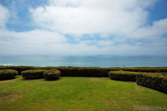 Panoramic ocean view with a grassy area and shrubs in the foreground.