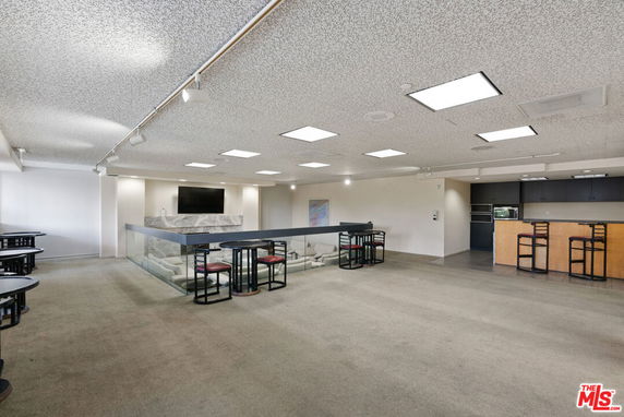 Interior view of a recreation area with seating and a counter bar.