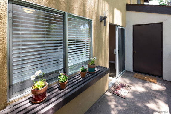 Front view of a building with large windows and potted plants on a ledge.