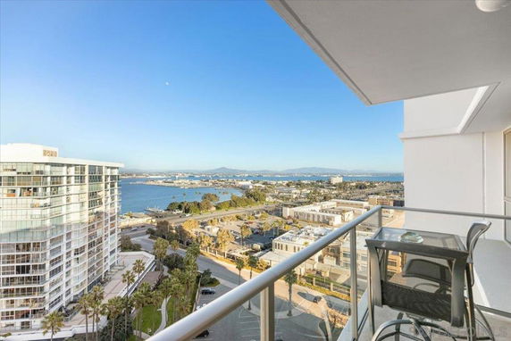 Panoramic view from a balcony overlooking buildings and a waterfront.