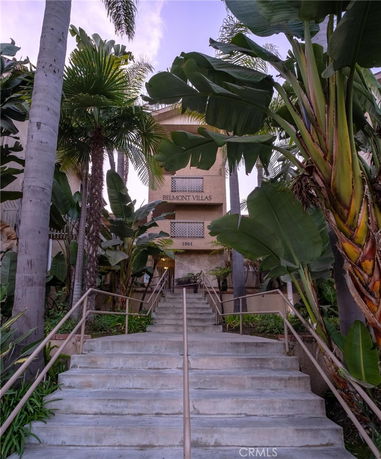 Front view of a multi-story building with a staircase entrance, surrounded by palm trees.