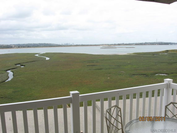 Panoramic view of a body of water and surrounding grassland as seen from a balcony.