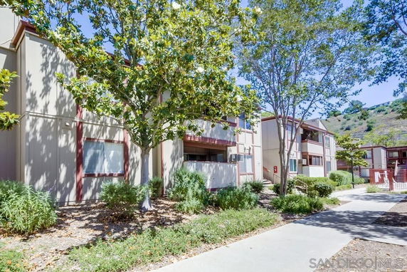 Front view of a multi-story apartment building with trees and a walkway.