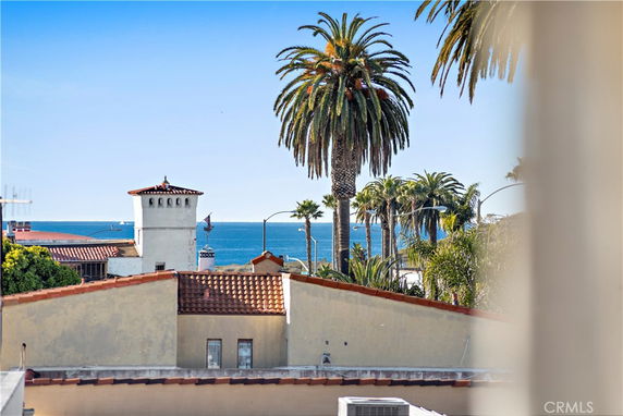 View of rooftops with palm trees and ocean in the background.