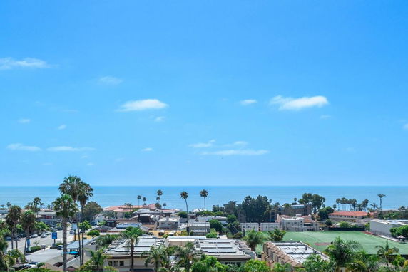 Wide-angle view of coastal area with buildings, trees, and ocean in the distance.