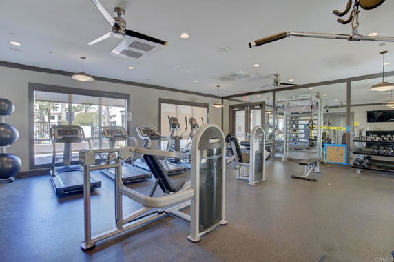 Interior view of a modern gym with various exercise equipment.