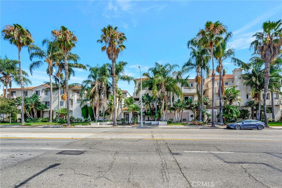 Front view of a multi-story residential building with palm trees.