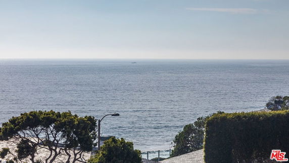 Panoramic ocean view with a few trees and a street lamp in the foreground.