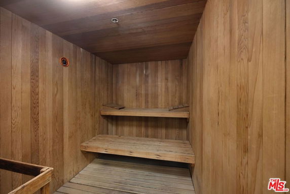 Interior view of a wooden sauna room.