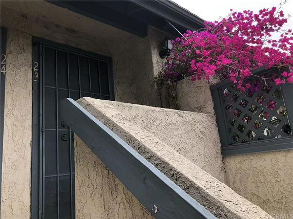 Front view of a house entrance with a metal door and bougainvillea.