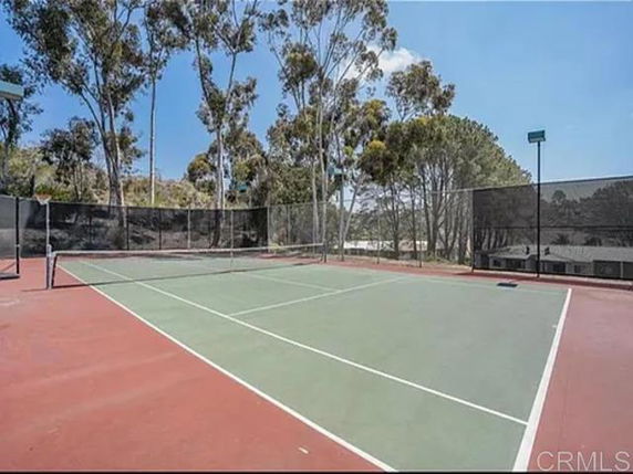 Outdoor tennis court surrounded by trees.