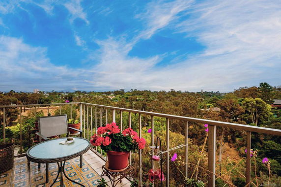 Panoramic view from a balcony overlooking a lush, green landscape.