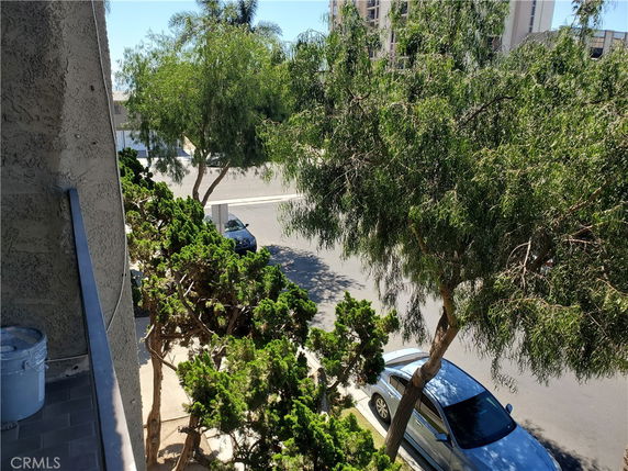 View of surrounding area with trees and parked cars.