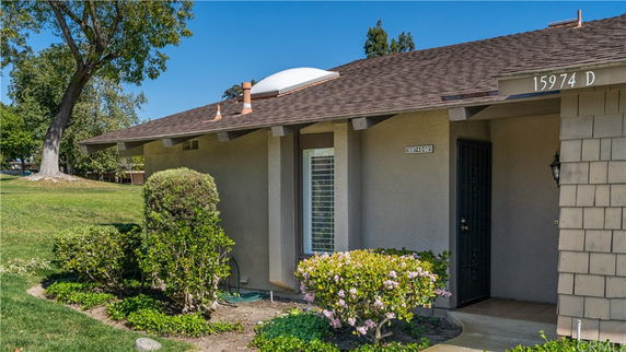 Front view of a house with a sloped roof and a small front door.