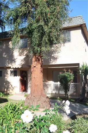 Front view of a two-story house with a central door and windows on both levels, partially obscured by a large tree.