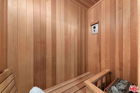 Interior view of a wooden sauna room.