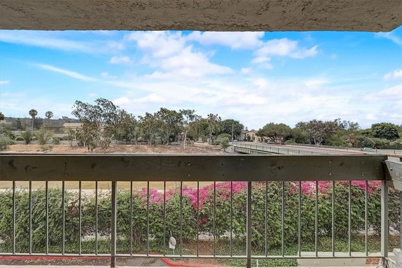 View from a high vantage point overlooking trees, shrubs, and a distant road or pathway.