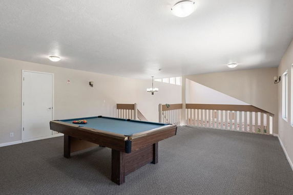 Indoor billiards area with a pool table and carpeted floor.