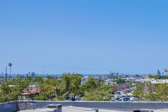 View of cityscape and trees from a rooftop area.