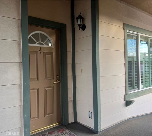 Entrance door of a house with a light fixture.