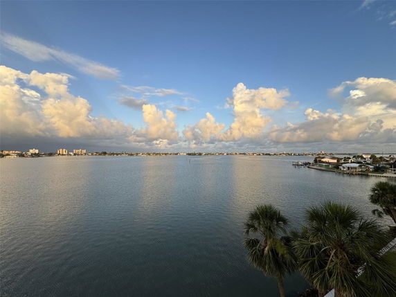 Panoramic view of a body of water with buildings in the distance and palm trees in the foreground.