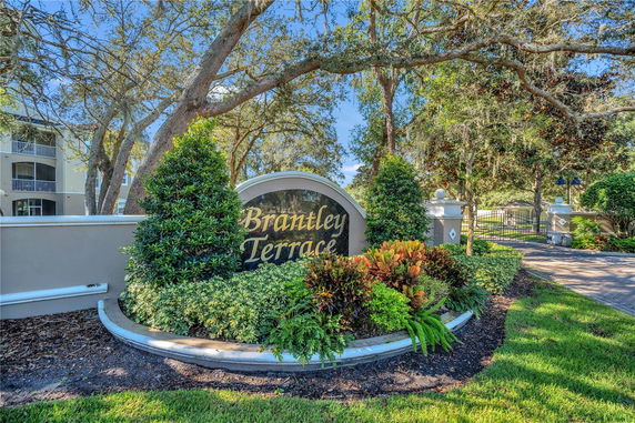 Front view of a building entrance with a sign marked 'Brantley Terrace'.