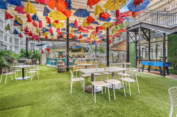 Outdoor area with tables and chairs, covered by colorful umbrellas hanging from the ceiling.