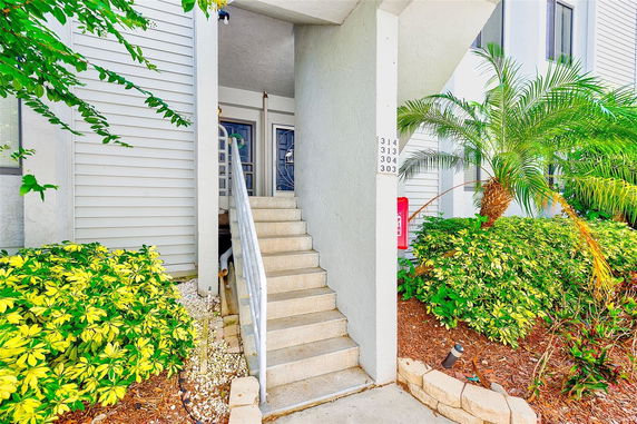 Entrance view of a building with stairs leading up to doorways, surrounded by plants.