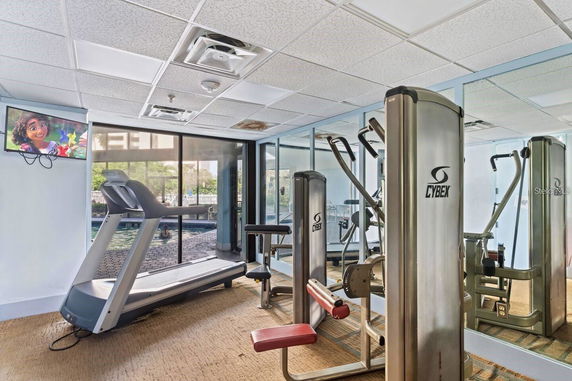 Indoor gym area with exercise equipment and a treadmill.