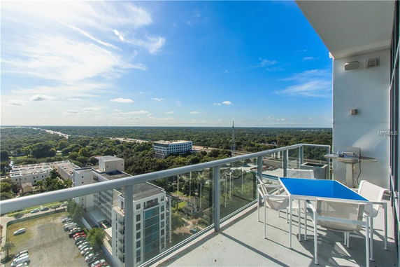 Panoramic view from a high-rise balcony showing distant buildings and trees.