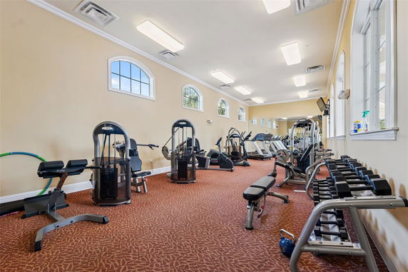 Interior view of a gym with various exercise equipment and weights.