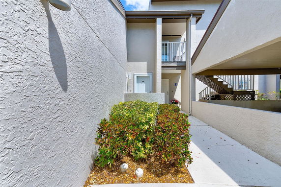 Front view of a building entrance with stairs and a small garden area.