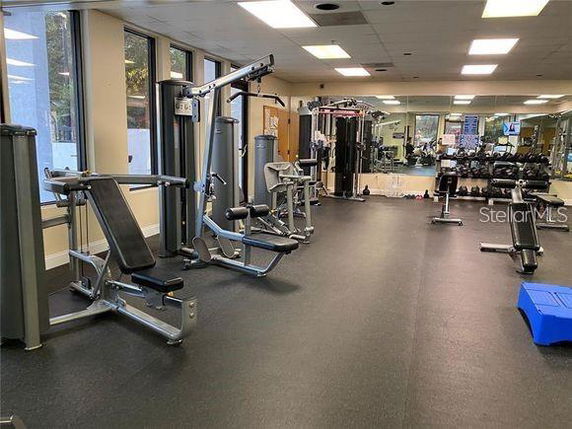 Indoor gym area with various exercise equipment and weights.