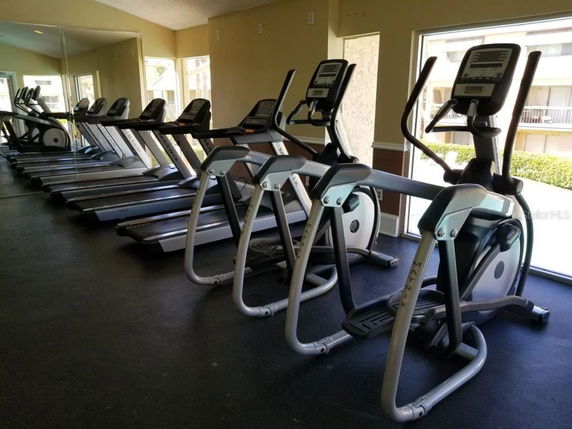 Indoor gym area with treadmills and elliptical machines.