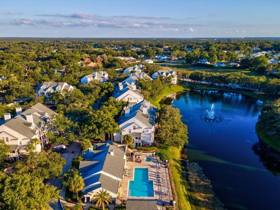 Aerial view of a residential area with multiple houses, a swimming pool, and a fountain in a pond.