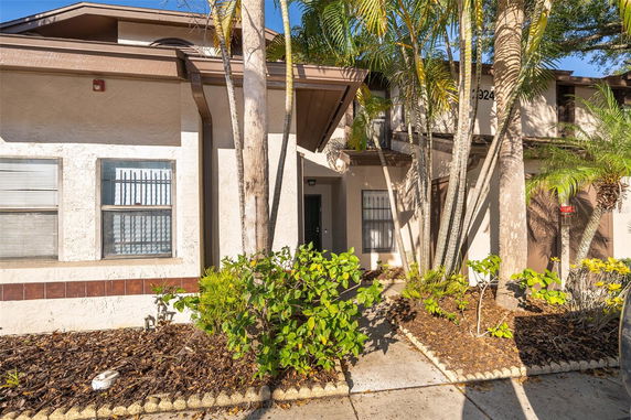 Front view of a house with palm trees and a walkway.
