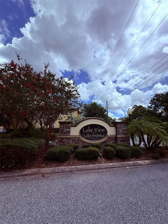 Front view of a sign for Lake View on Lake Fredrica with landscaped surroundings.