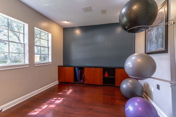 Interior room with exercise balls and wooden flooring.