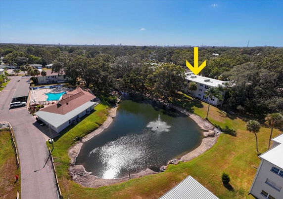 Aerial view of a landscaped area with a pond, swimming pool, and residential buildings.