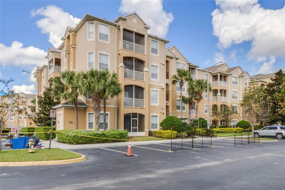 Front view of a multi-story apartment building