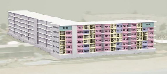 Front view of a multi-story building with labeled floors and unit numbers.