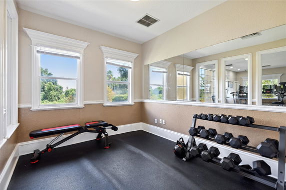 Interior of a home gym with exercise bench and dumbbell rack.