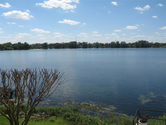 Panoramic view of a lake with clear blue sky and distant trees.
