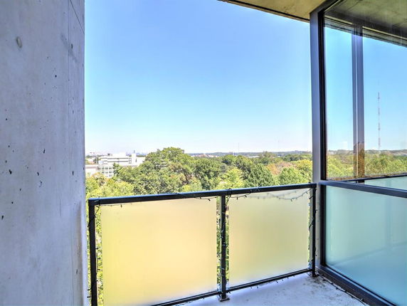 View from a building balcony overlooking trees and distant buildings.