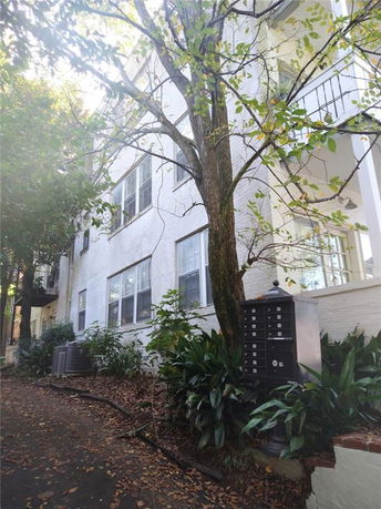 Side view of a multi-story white brick building with large windows and a leafy tree in the foreground.