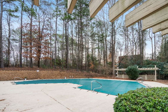 Outdoor swimming pool covered and surrounded by trees.