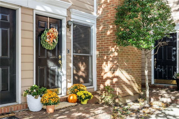 Front view of a house entrance with a black door, brick siding, and decorative plants.