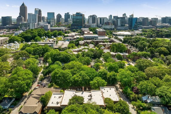 Panoramic view of a city skyline with trees and buildings in the foreground.